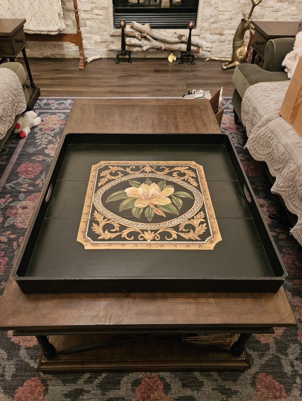 Wildwood Accent Decorative Black Wood  Hand Painted Serving Tray 28"x28"